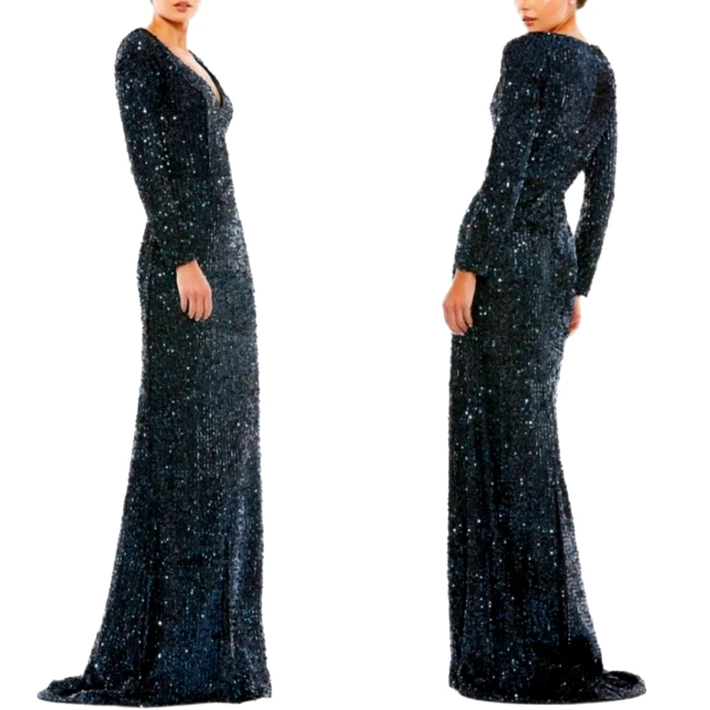 NWT Ieena for Mac Duggal 26445 Long Sleeve Sequin Gown in Midnight Sz 4 - Picture 4 of 13